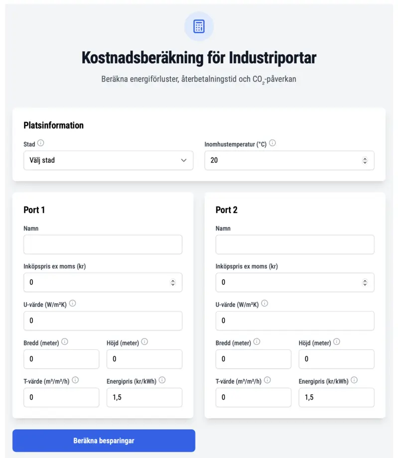 Med vår kalkylator kan du räkna ut skillnaden i totalkostnad mellan olika portar, inklusive inköpskostnad, energiförlust av isolering och täthet